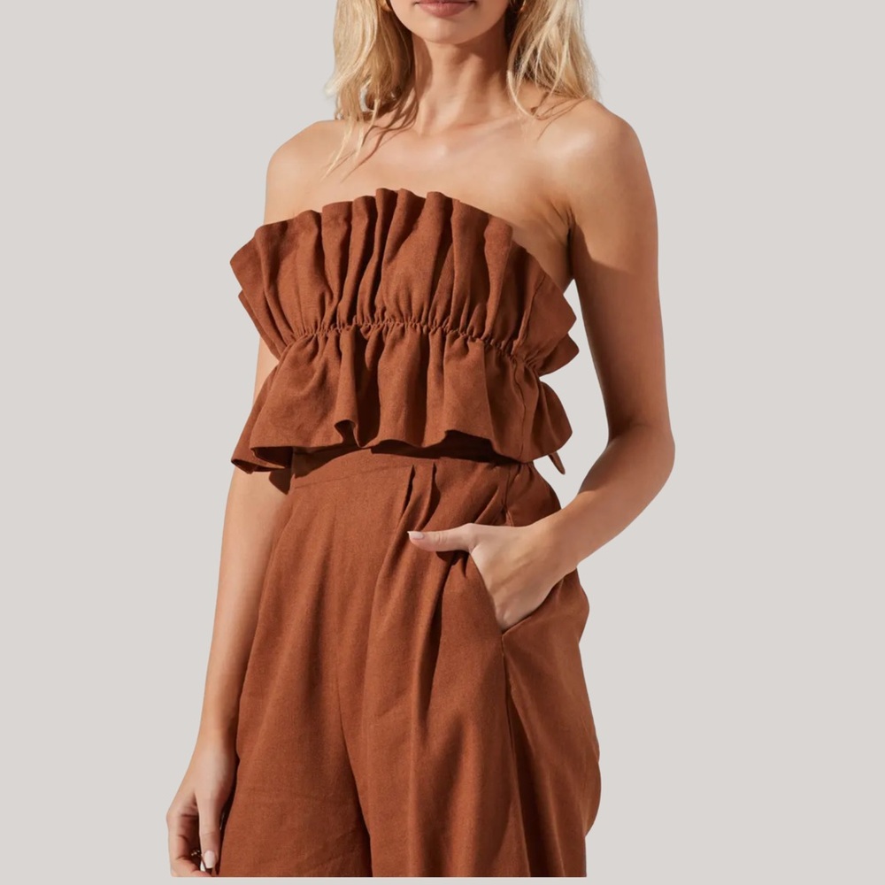 ASTR The Label Ruffle Bodice Tie Back Strapless Cotton Linen Jumpsuit Brown S - Picture 5 of 13
